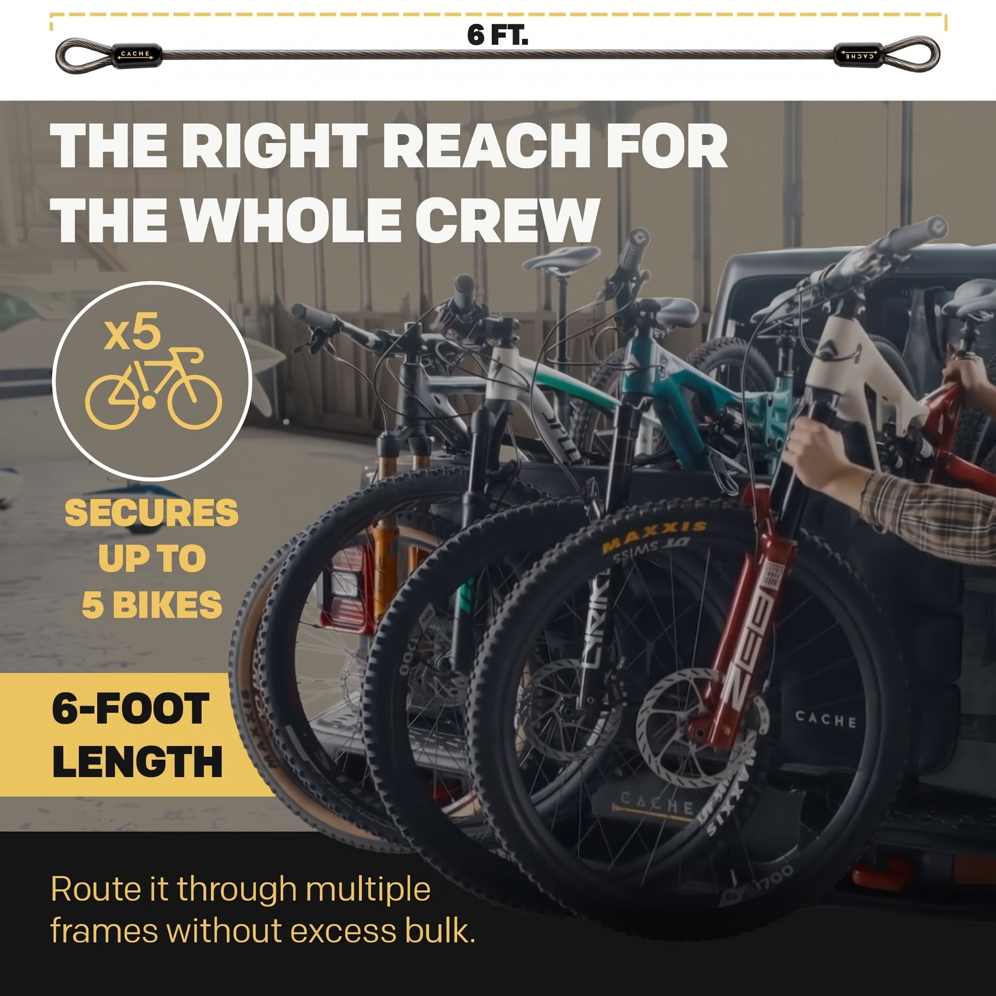 An 8-foot bike rack mounted on a vehicle, shown holding multiple mountain bikes in a garage setting. The image includes text overlays highlighting its 8-foot length, capacity to secure up to 5 bikes, and its reach for the whole crew.