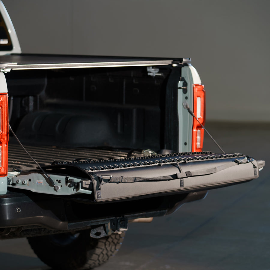 Tailgate folded down on Ford Ranger fitted with Cache locking tailgate pad