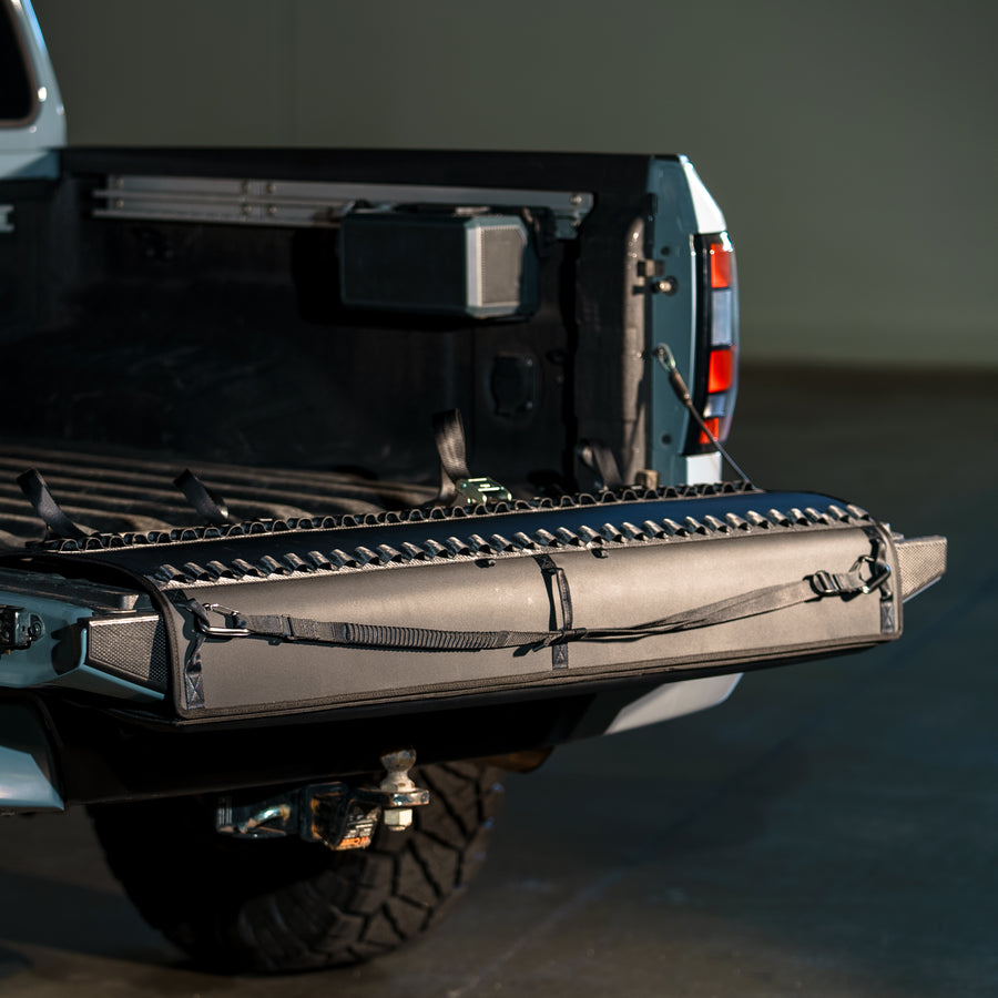 Tailgate pad folded down on a Nissan Frontier 