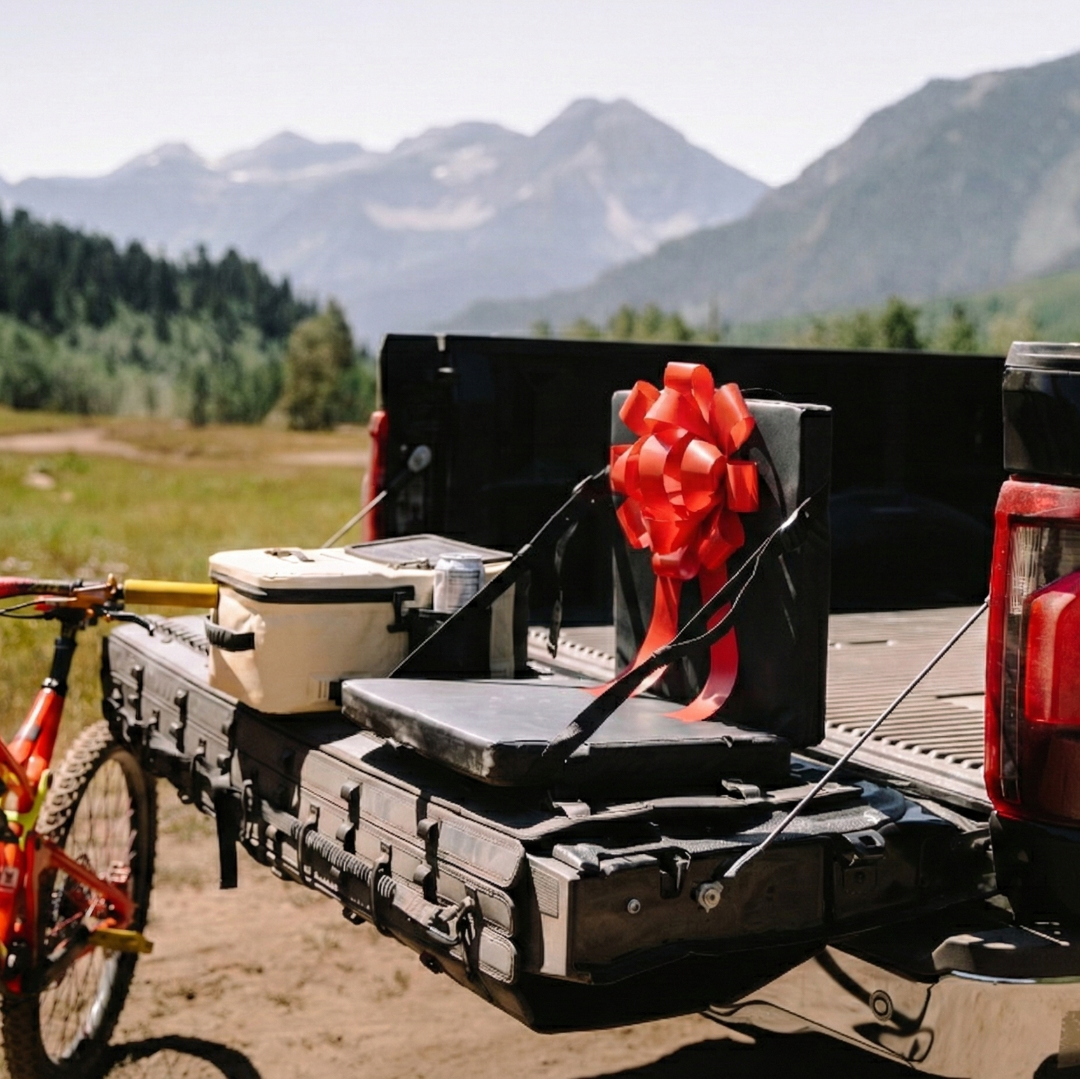 Truck bed with bike, cooler, and suitcase, mountains in the background
