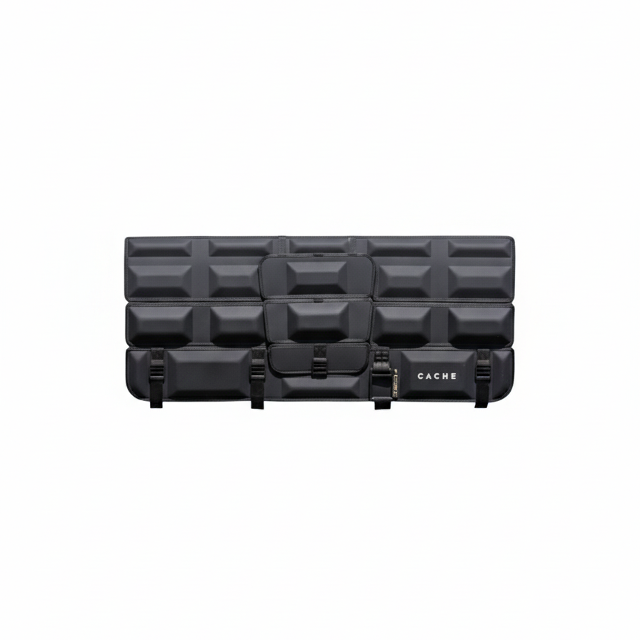 Black rectangular storage case with grid pattern on a white background