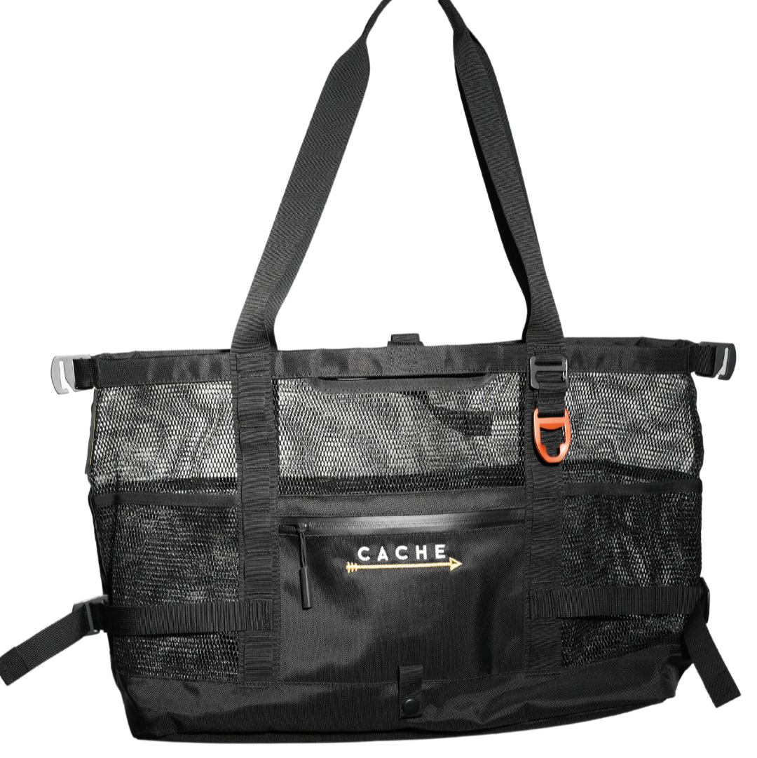 Black and camouflage bag with 'CACHE' logo on a white background